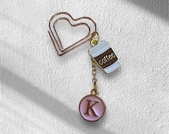 Heart Paperclip Bookmark with Coffee Charm & Personalized Initial | Cute Stationery Gift for Book Lovers, Coffee Lovers, Students, Teachers,