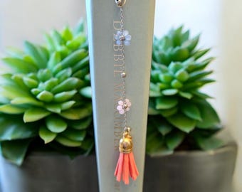 Metal hook bookmark with beaded flower chain with bright coral tassel