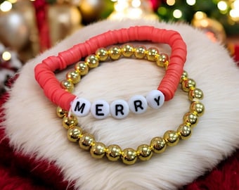 Red Merry and gold Beaded Bracelet Stack