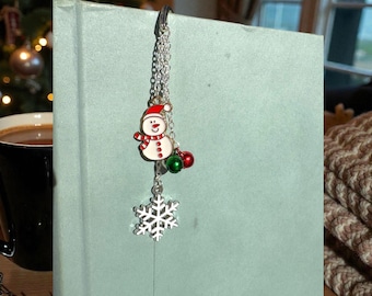 Christmas Metal Bookmark with Snowman & Snowflake Charms | Festive Holiday Gift | Stocking Stuffer for Readers