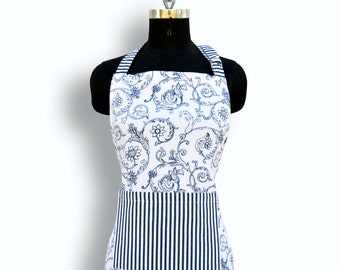 Apron, blue swirl print, victorian pattern, kitchen accessory, 100% cotton, size 27"X 35"