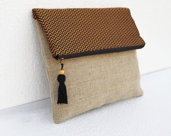 Boho linen pouch, brocade bag, black and gold, chevron pattern, moroccan, foldover clutch, 10X8 inches