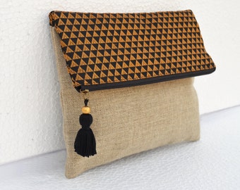 Boho linen pouch, brocade bag, black and gold, triangle pattern, moroccan, foldover clutch, 10X8 inches