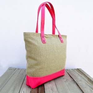 Linen and faux leather tote bag, natural with fuschia, classic everyday bag. image 2