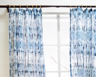 Blue shibori print curtain Panel, cotton voile, printed, Sheer Drape, sizes available