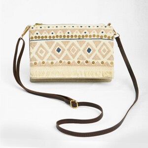 Boho Sling bag, linen and off white, moroccan, 9X7 inches with 1.5 mt long detachable sling
