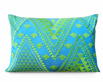 KIlim pattern embroidered pillow cover, Turquoise and green, Polytafetta fabric, size 12X20 inch throw pillow