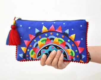 Blue Boho clutch, embroidered, mandala pattern, 5X9 inches