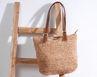 Natural colour Rafia Tote bag with real tan leather handle