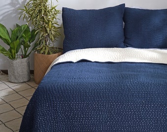 Indigo Kantha quilts and pillow shams - hand quilted 4 layer muslin gauze with cotton wadding, sizes available