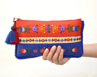 Boho clutch, blue and red colour, hand embroidered, 5X9 inches