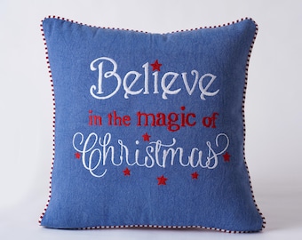 Christmas pillow cover, Blue and red colour, embroidery, cotton pillow cover, sizes available