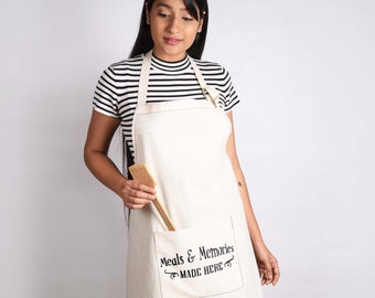 Off white, cotton apron, embroidered, kitchen, housewarming gift, size 27"X 34"