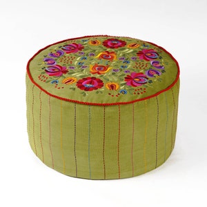 Matyo - Embroidered boho pouf cover, Green with multicolour rose embroidery ottoman cover