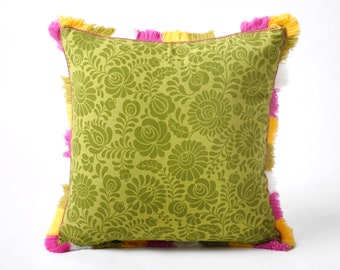 Matyo Green printed cotton Pillow cover with multicolour acrylic fringe, sizes available