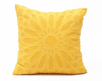 Yellow Pillow cover with islamic geometrical pattern applique' in cotton in size 16"X16"