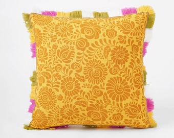 Matyo Yellow printed cotton Pillow cover with multicolour acrylic fringe, sizes available