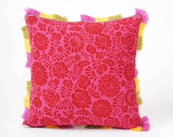 Matyo Hot pink printed cotton Pillow cover with multicolour acrylic fringe, sizes available