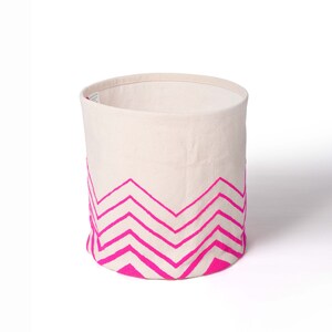 SMALL Storage basket, embroidered, bright pink acrylic wool on canvas fabric, laundry hamper, fabric bucket, sizes available