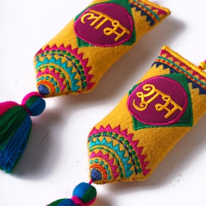 Pair of SHUBH-LABH tassels, Multicolor handmade auspicious charm, size 7" or 18 cms