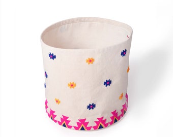 SMALL Storage basket, embroidered, bright pink acrylic wool on canvas fabric, laundry hamper, fabric bucket, sizes available
