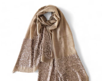 Scarf - Beige fine wool with sequin border