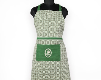 Green colour apron, geometrical vintage print, kitchen accessory, 100% cotton, size 27"X 35"