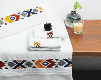 Kilim Embroidered white organic cotton Bath towels, sizes available