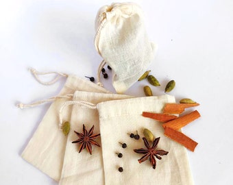 3" X 4" Pure Cotton Spice Pouch, Biodegradable and Reusable Premium Quality Muslin Drawstring Bag