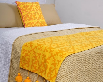 Yellow Printed Cotton Bed Runner Set – Geometric Pillow Cover