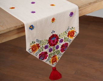Matyo - Off white Table runner with multicolour Embroidery and tassel, sizes available