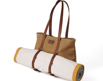 Sand colour waxed canvas yoga bag, gym bag, leather adjustable straps, 16X13X4 inches