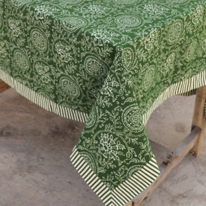 Green table cloth, kalamkari print, 2" stripe border, 100% cotton table cloth, sizes available