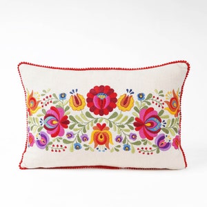 Matyo Embroidered Oblong cotton Pillow cover with red micro pompom lace, sizes available