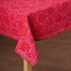 Matyo Hot Pink colour Table cloth, floral print cotton fabric, size available