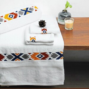 Kilim Embroidered white organic cotton Bath towels, sizes available