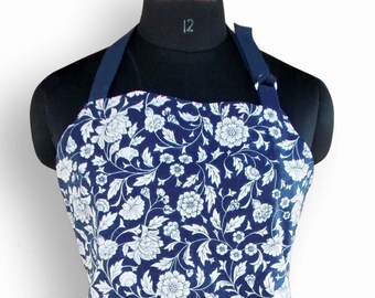 Tablier couleur indigo, imprimé fleuri, bleu foncé, accessoire de cuisine, 100% coton, taille 27"X 35"