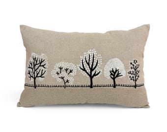 FROSTED FOREST - Pure Linen Pillow Cover with White & Black Embroidery - 14x21 inches