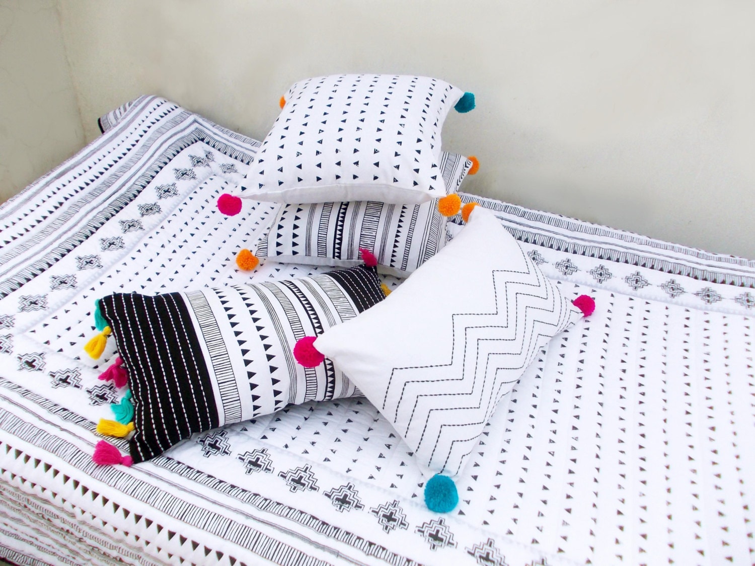 Aztec quilted bedspread black and white cotton quilt Etsy