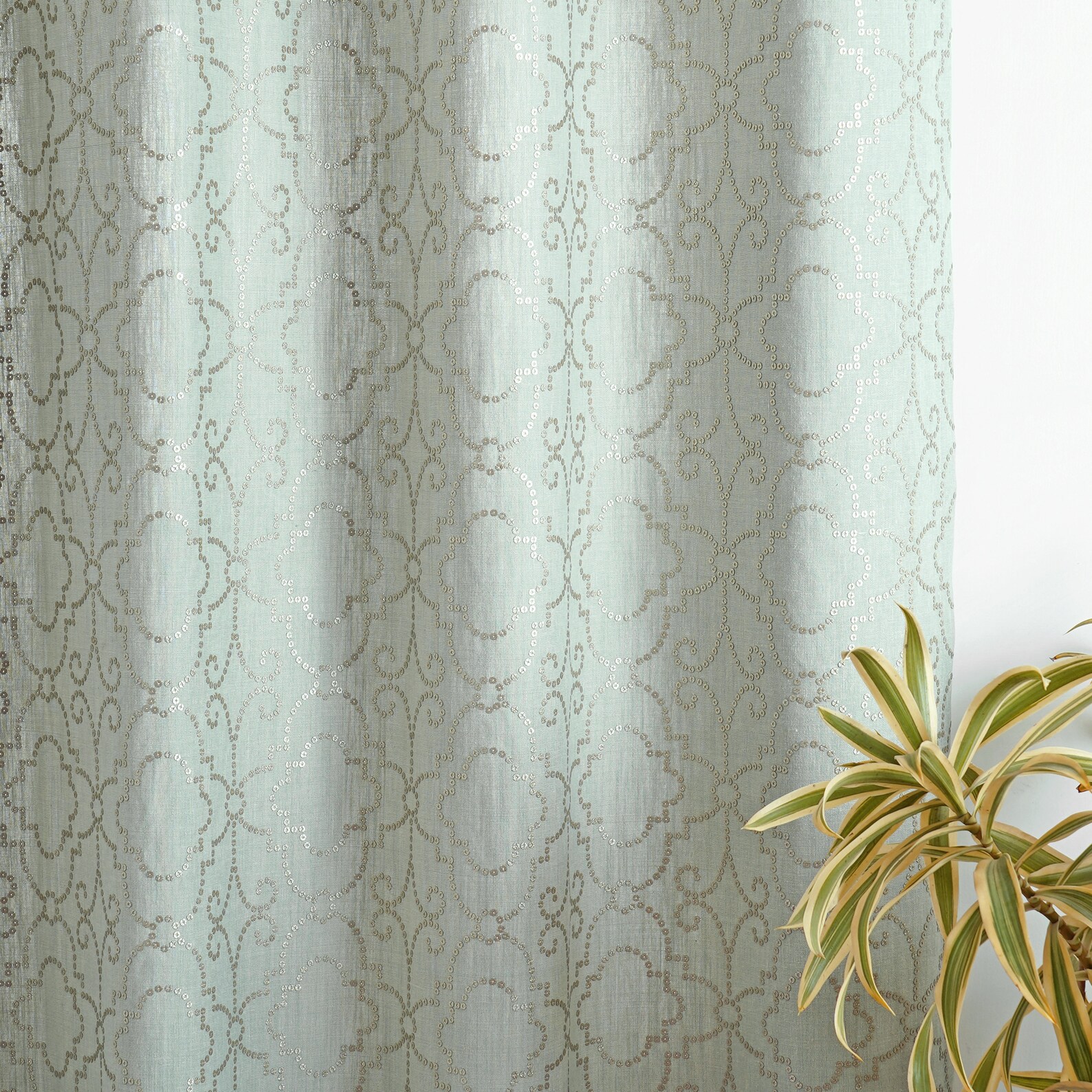 Sage Greensequinned and Embroidered Curtain Panel Linen Blend Etsy