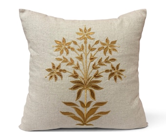 ZARI BAAG - Pure Linen Pillow Cover with Metallic Applique - 18x18 inches