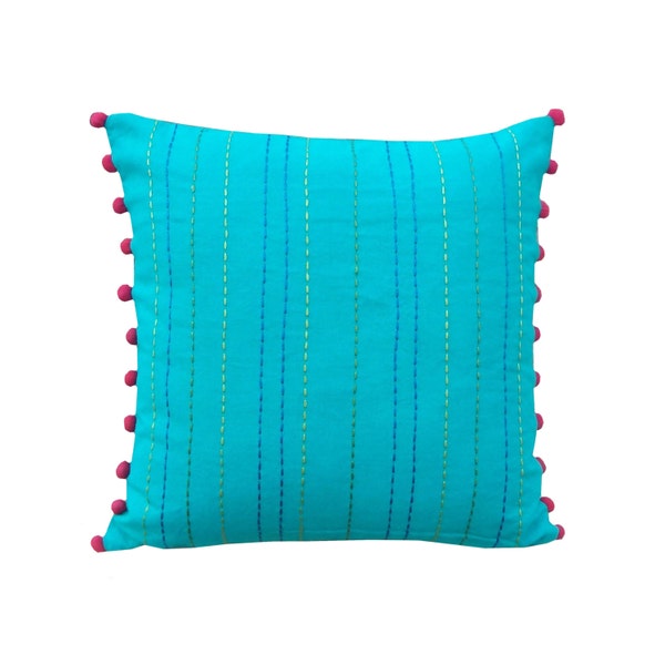 Turquoise throw pillow cover, cotton pillow cover, house wares, rice stitch embroidery, pom pom,standard size 16"X 16"