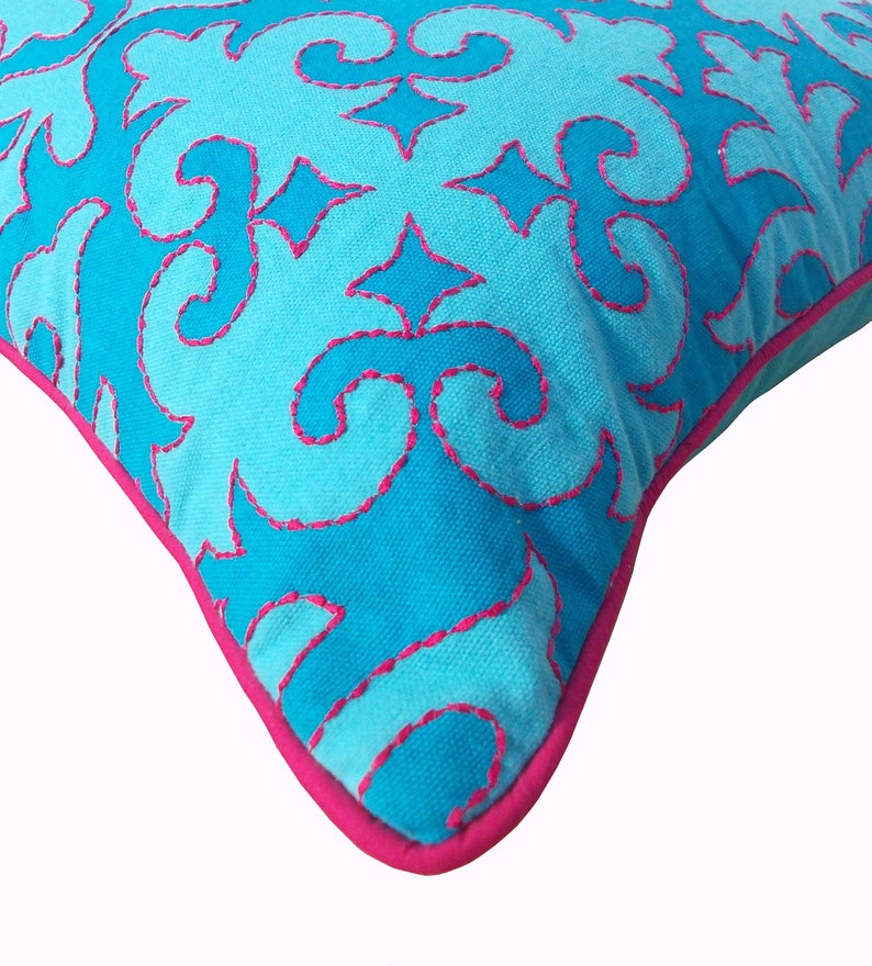 Turquoise Pillow Cover Moroccan Print Bright Pink Piping and Etsy