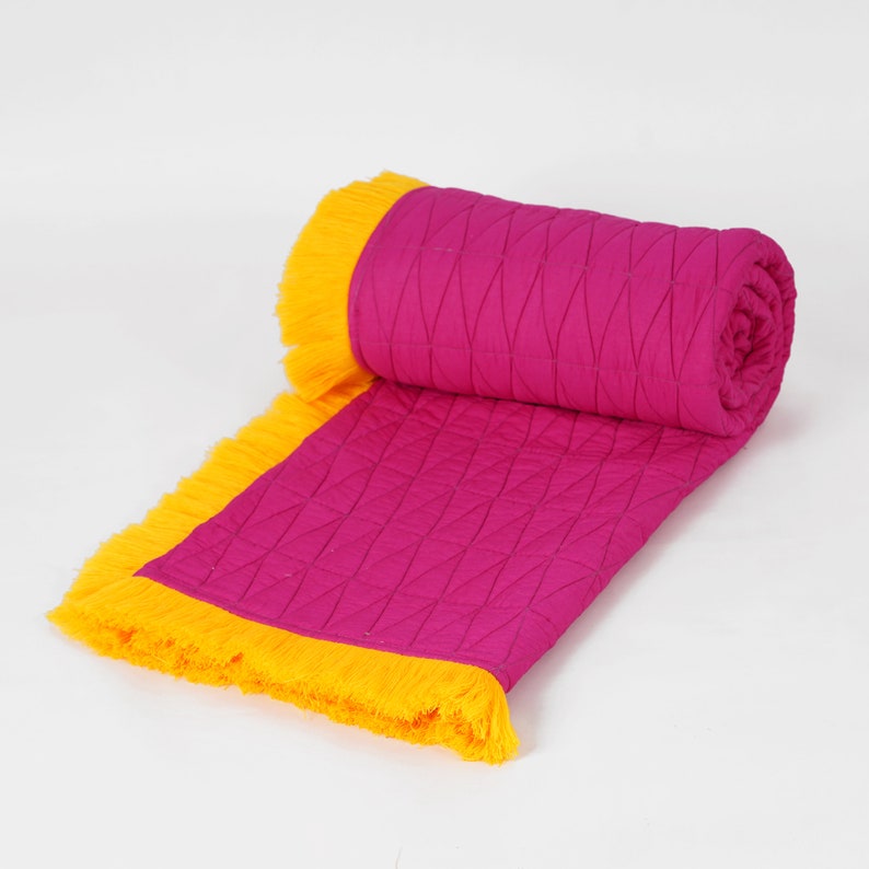 Reversible Bohemian quilted bedspread with fringe Grey and hot pink Sizes available