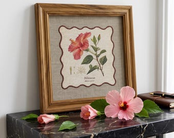 HERB wall art, Hibiscus motif with wooden frame, 12X12 inches