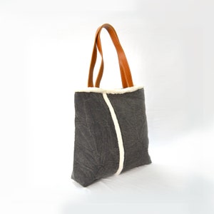 SALE Charcoal canvas tote bag with pure leather handles and faux fur edging