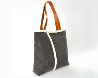 SALE Charcoal canvas tote bag with pure leather handles and faux fur edging