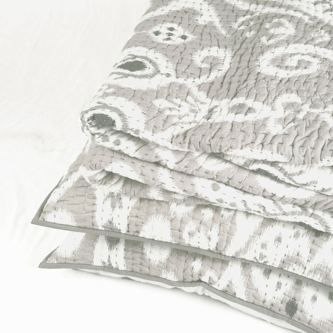 Grey - Central Asian Ikat with Bagh Patch Cotton Bedsheet Set 07