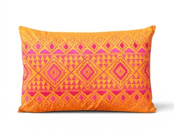 Kilim Embroidered Pillow Cover, Orange and Pink Polytafetta (14X21 inch)