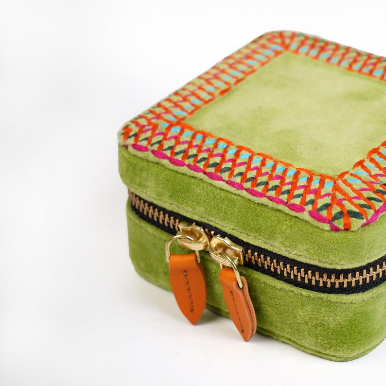 Lime Green Velvet Square Embroidered Jewellery box, travel gift, Bridesmaid gift image 2